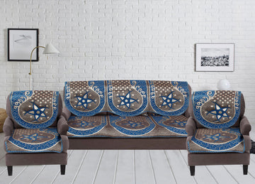 Nendle Damask Design Concept Sofa Set Covers 5 Seater with 80% Cotton & 20% Jute (Sky Blue, Pack of 6)